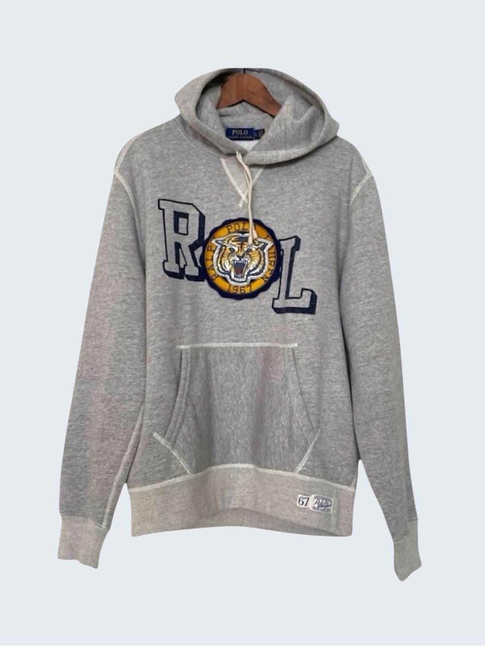 Polo Ralph Lauren Tiger Patch Hoodie Large Gray Fleece RL 1967 Pullover Preppy